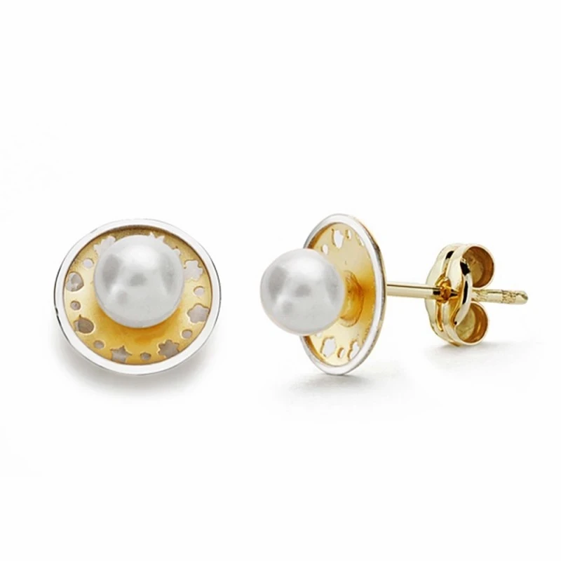 Pendientes oro 18k redondos 8mm. perlas cierre presión [AA2137]