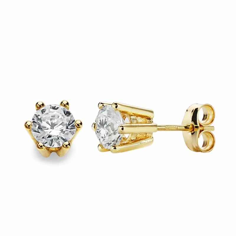 Pendientes oro 18k garras 6.5mm circonita cierre presión [AA2157]