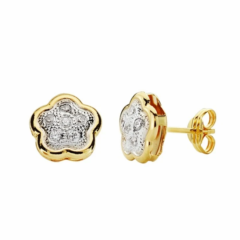 Pendientes oro 18k flor 8mm. circonitas cierre presión [AA2165]