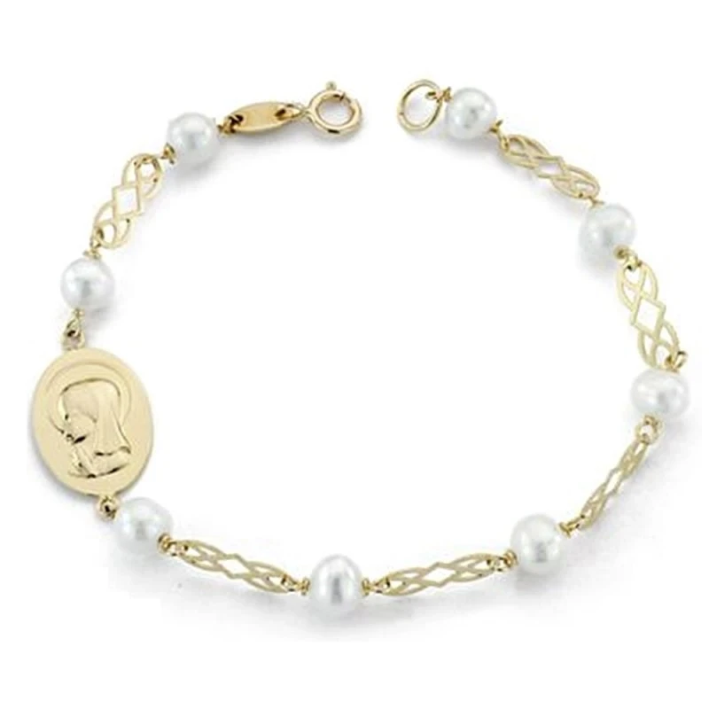 Pulsera oro 18k comunión perlas 5mm. y medalla longitud 16cm [AA1981]
