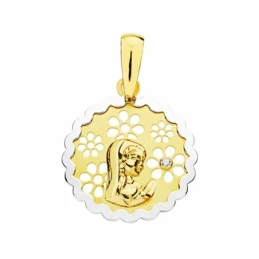 Medalla oro 18k bicolor 15mm. virgen nina flor circonita [AA2027]