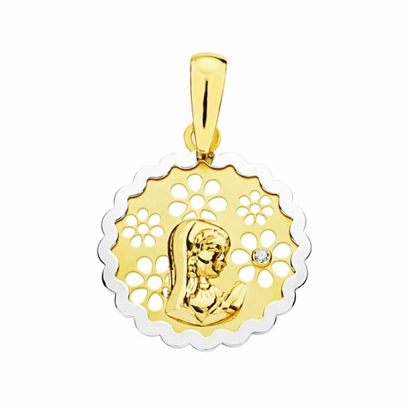 Medalla oro 18k bicolor 15mm. virgen nina flor circonita [AA2027]