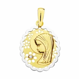 Medalla oro 18k bicolor 21mm. virgen nina flor circonita [AA2029]