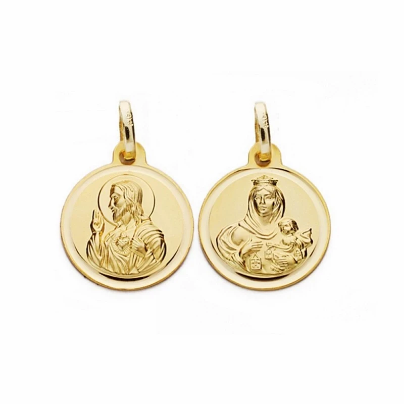 Medalla oro 18k escapulario 14mm Virgen Carmen Corazón Jesús [AA2481]