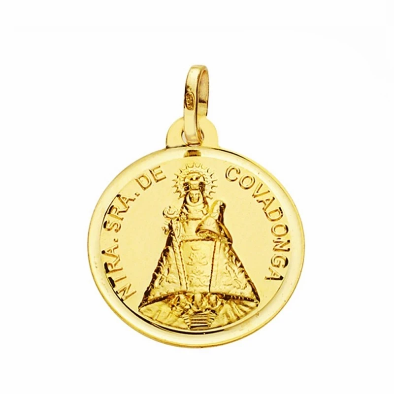 Medalla oro 18k Virgen de Cobadonga 18mm. lisa bisel [AA2534]