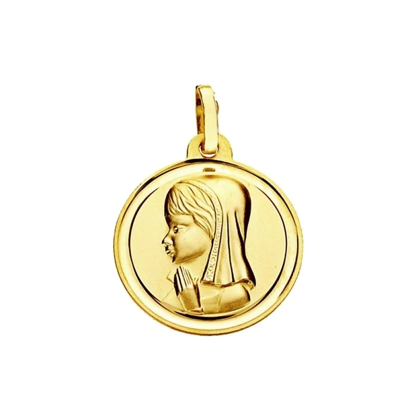 Medalla oro 18k virgen nina 18mm. lisa bisel [AA2564]