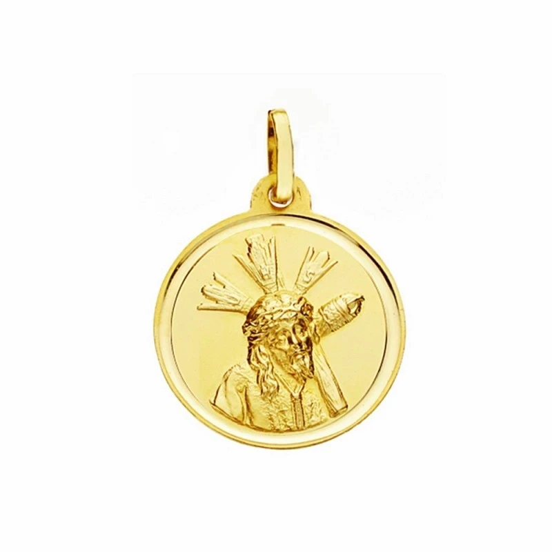 Medalla oro 18k Cristo Gran Poder 18mm. lisa bisel [AA2568GR]