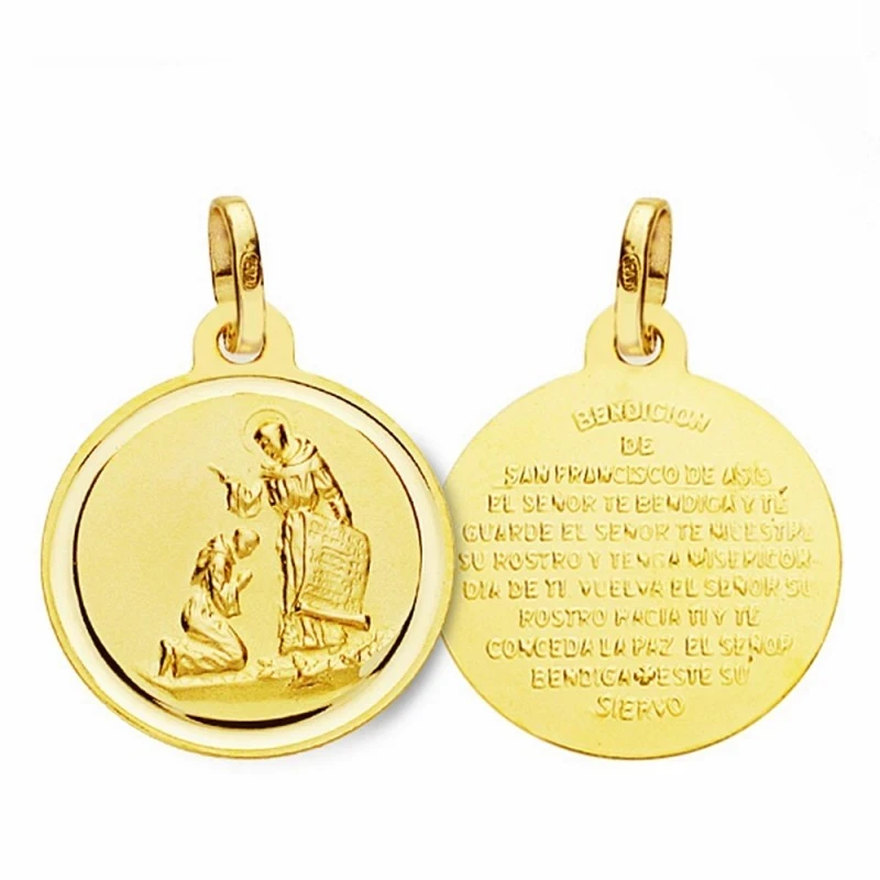 Medalla oro 18k bendición de San Francisco 16mm. lisa bisel [AA2680]