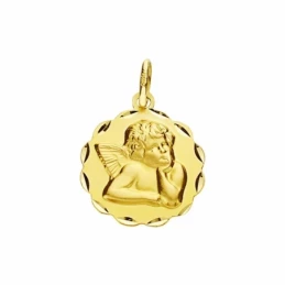 Medalla oro 18k ángel burlón Querubín 14mm. labrada tallada [AA2706GR]