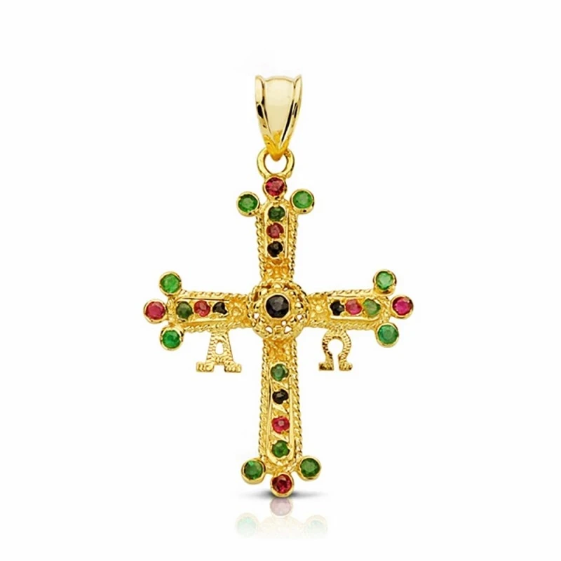 Cruz oro 18k Covadonga asturiana 28mm. piedras finas [AA2591]