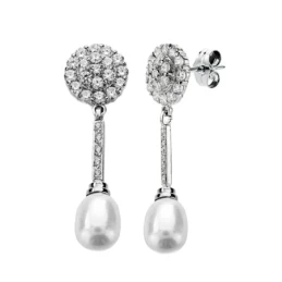 Pendientes oro blanco 18k largos perla 12mm. [AA1962]