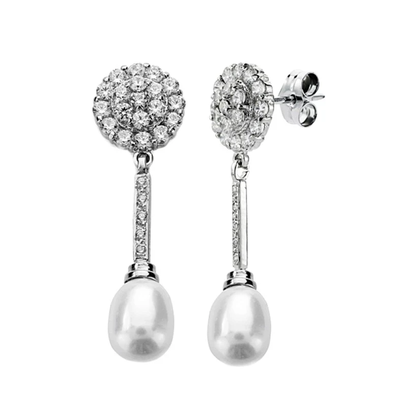 Pendientes oro blanco 18k largos perla 12mm. [AA1962]
