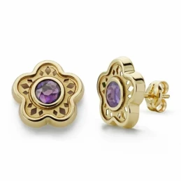 Pendientes oro 18k flor 11mm. amatista cierre presión [AA2085]