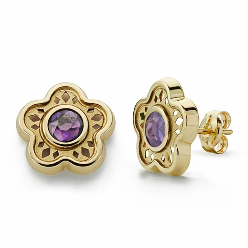Pendientes oro 18k flor 11mm. amatista cierre presión [AA2085]