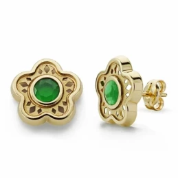 Pendientes oro 18k flor 11mm. piedra verde cierre presión [AA2086]