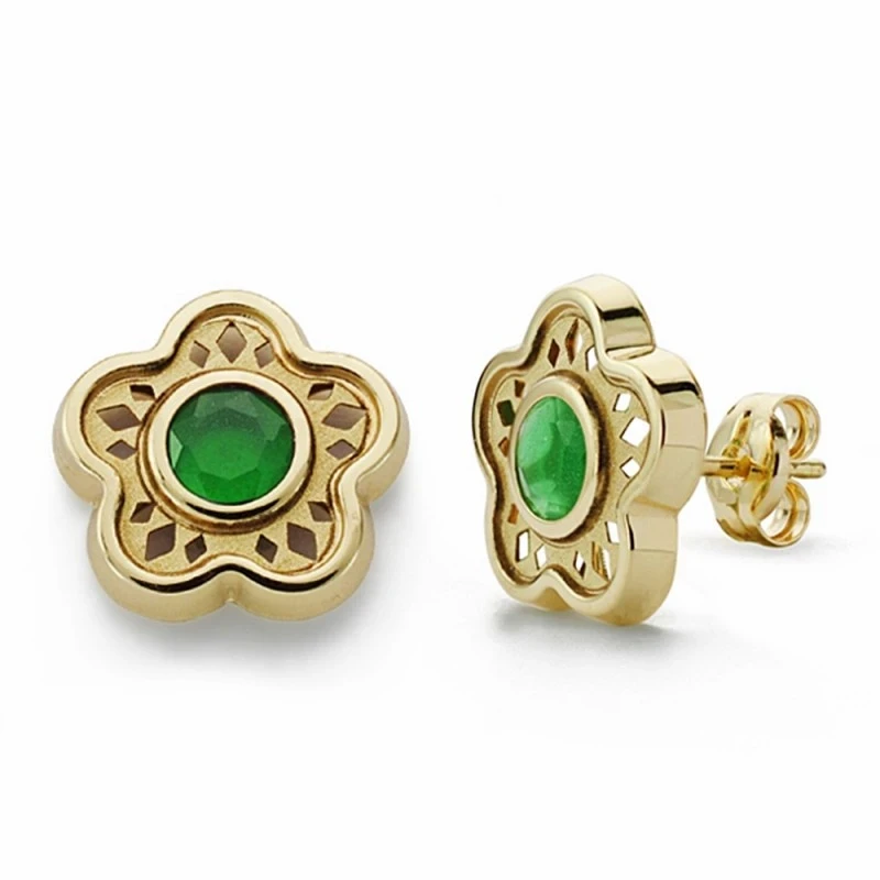 Pendientes oro 18k flor 11mm. piedra verde cierre presión [AA2086]