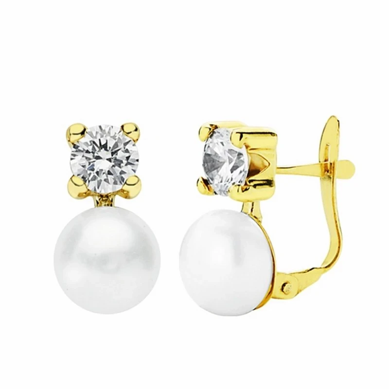 Pendientes oro 18k perla cultivada botón 6.5mm. circonita  [AA2195]