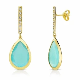 Pendientes oro 18k largos piedra azul 33mm. cierre presión [AA2201]