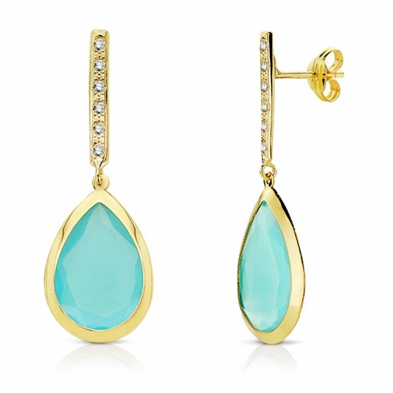 Pendientes oro 18k largos piedra azul 33mm. cierre presión [AA2201]