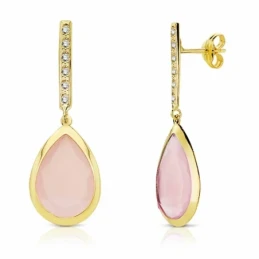 Pendientes oro 18k largos piedra rosa 33mm. cierre presión [AA2202]