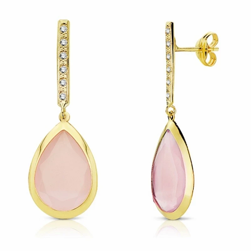 Pendientes oro 18k largos piedra rosa 33mm. cierre presión [AA2202]