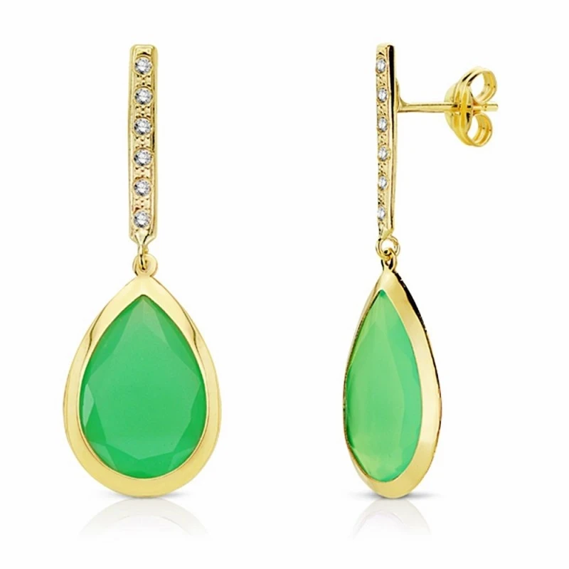 Pendientes oro 18k largos piedra verde 33mm. cierre presión [AA2203]