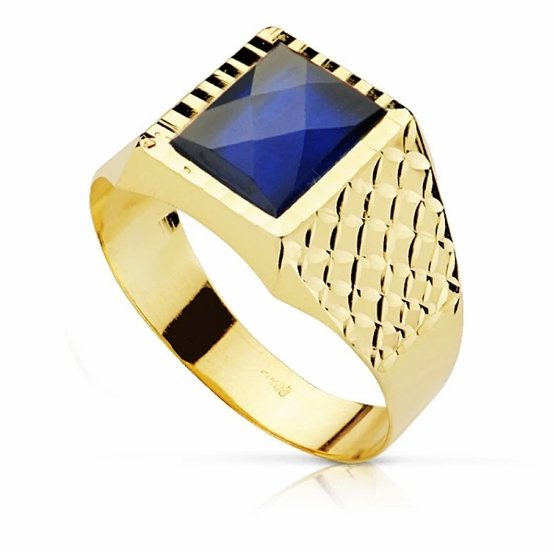 Sello oro 18k piedra espinela azul 10mm. cuadrado [AA2307]