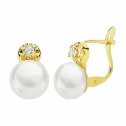 Pendientes oro 18k perla cultivada botón 7.5mm. circonita [AA2328]
