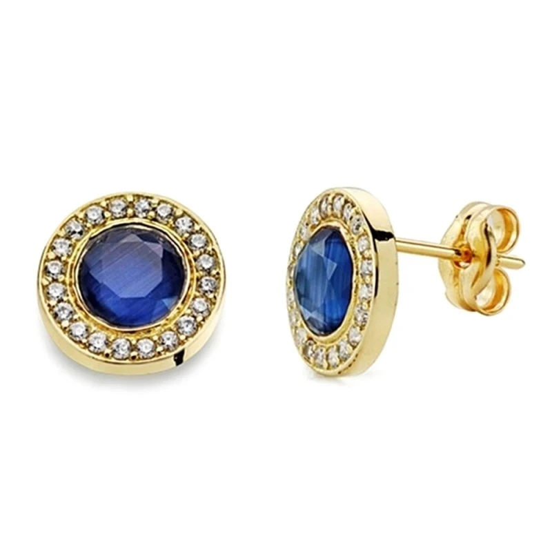 Pendientes oro 18k piedra azul 9mm. circonitas [AA2335]