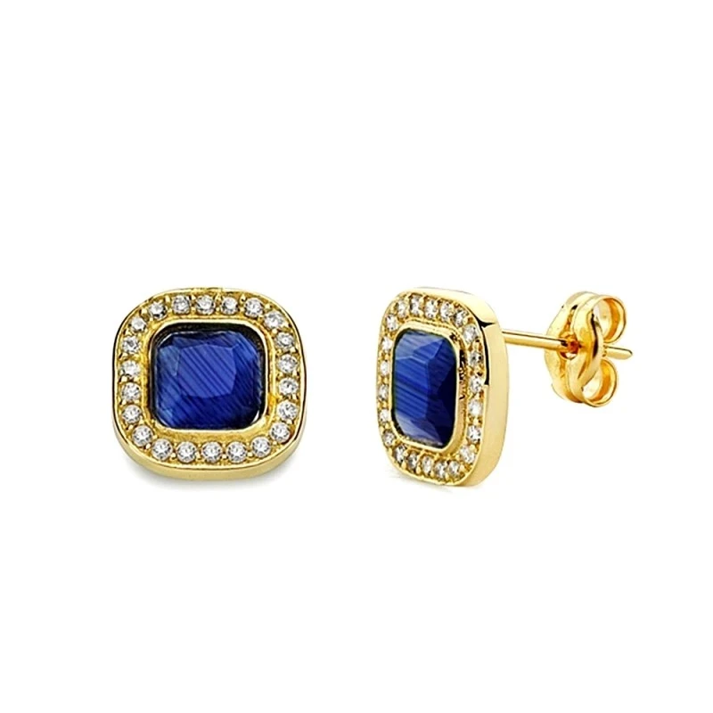 Pendientes oro 18k piedra azul cuadrada 9mm. circonitas [AA2348]