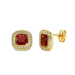 Pendientes oro 18k piedra roja cuadrada 9mm. circonitas [AA2349]