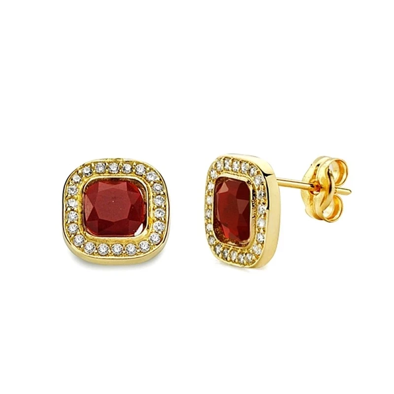 Pendientes oro 18k piedra roja cuadrada 9mm. circonitas [AA2349]