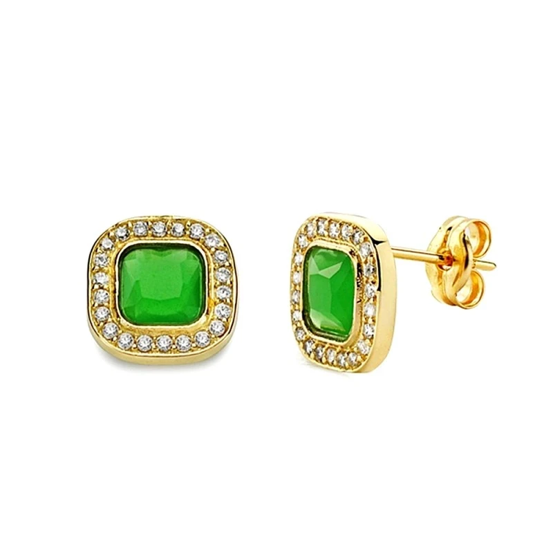 Pendientes oro 18k piedra verde cuadrada 9mm. circonitas [AA2350]