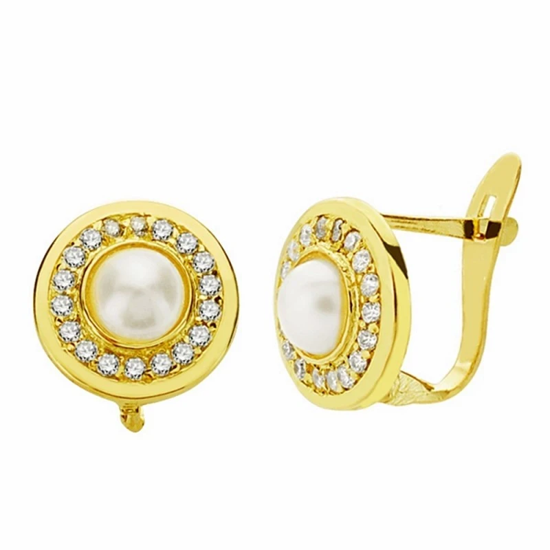 Pendientes oro 18k perla 9mm. circonitas cierre catalán [AA2360]