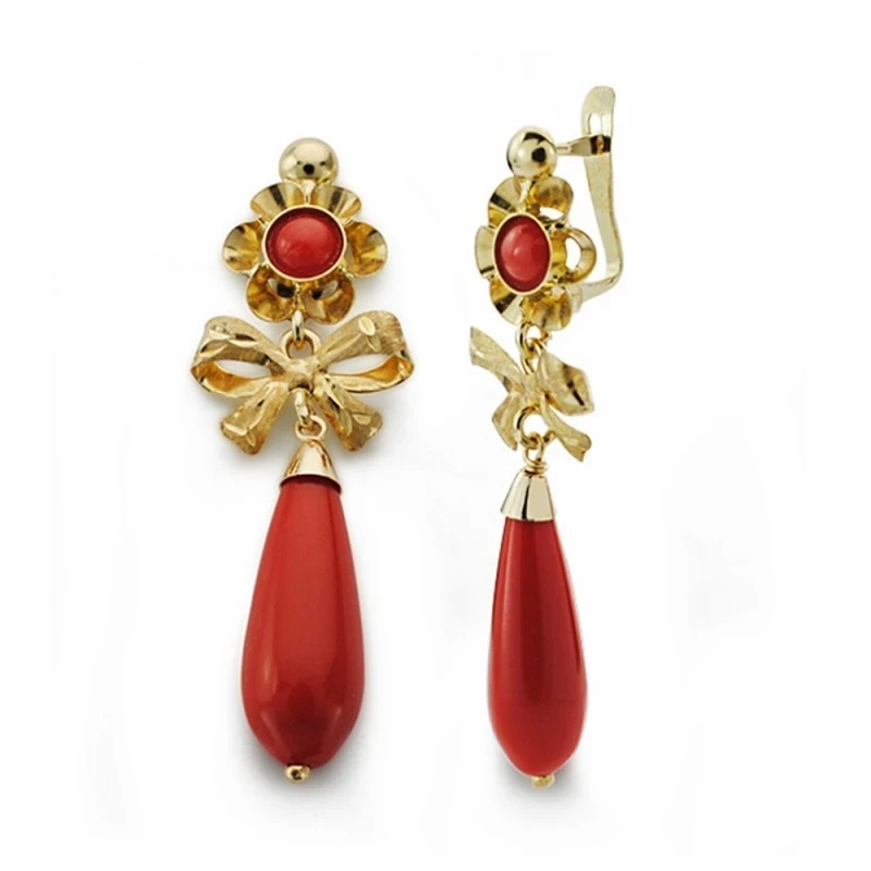 Pendientes oro 18k largos 36mm. lazo coralina [AA2691]
