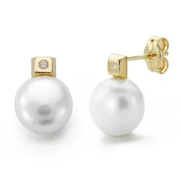 Pendientes oro 9k perla 8mm cultivada botón cuadro circonita [AA7198]