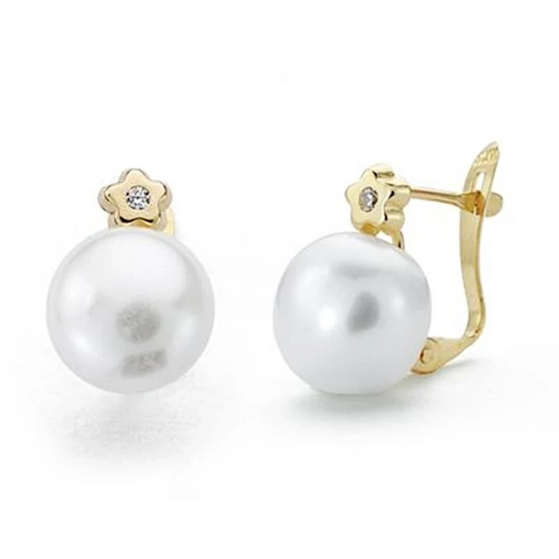 Pendientes oro 9k perla 9x13mm. cultivada botón circonita [AA7201]