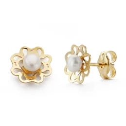 Pendientes oro 9k flor calada 7mm. centro perla [AA7204]