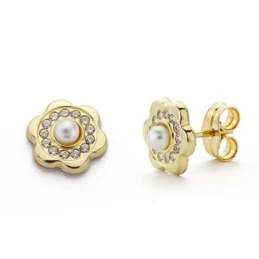 Pendientes oro 9k flor 8mm. circonitas centro perla [AA7214]