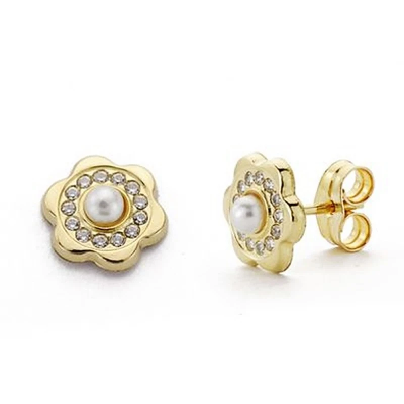 Pendientes oro 9k flor 8mm. circonitas centro perla [AA7214]