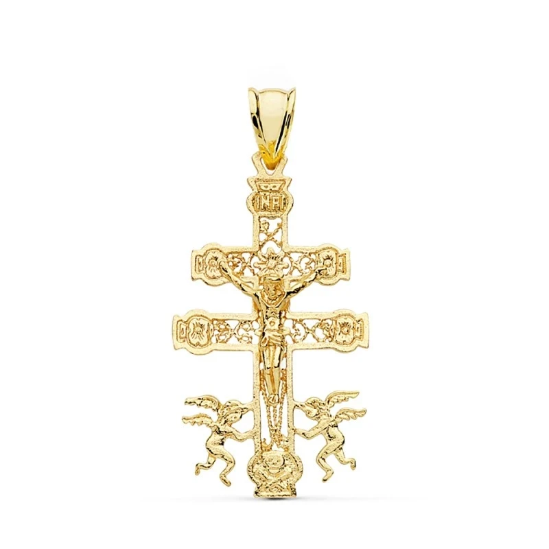 Cruz crucifijo oro 18k Caravaca 35mm. cristo realce filigrana [AA7217]