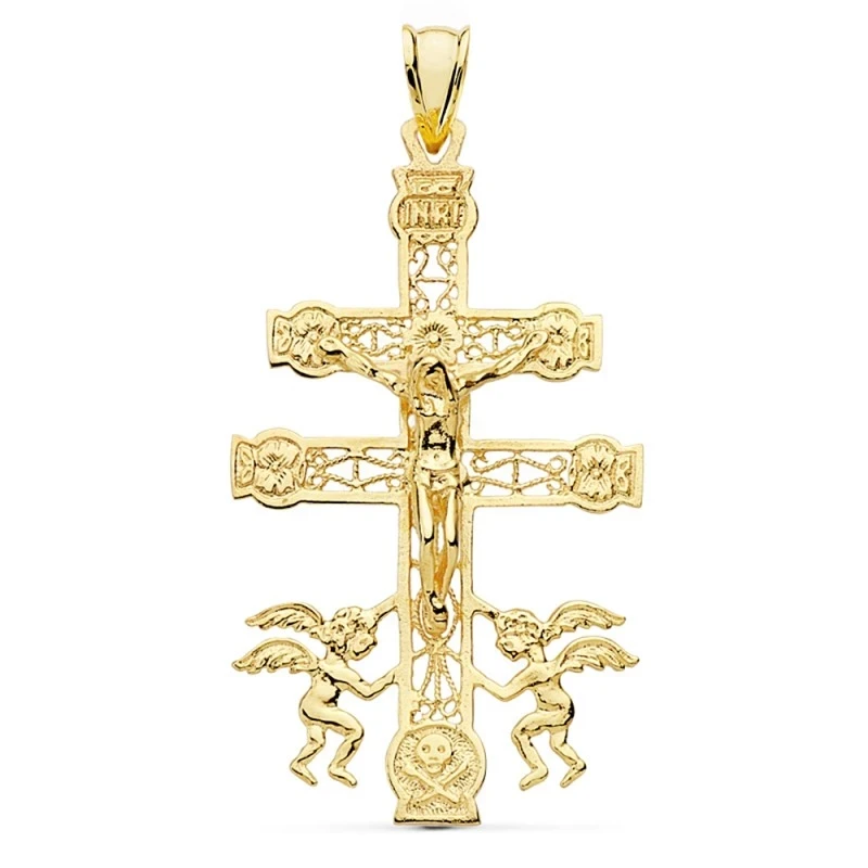 Cruz crucifijo oro 18k Caravaca 48mm. cristo realce filigrana [AA7218]