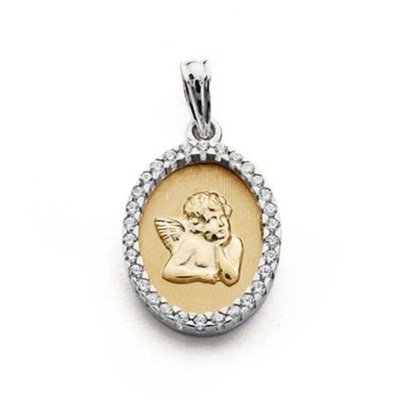 Medalla oro 18k bicolor Querubín 20mm. oval circonitas [AA7269]