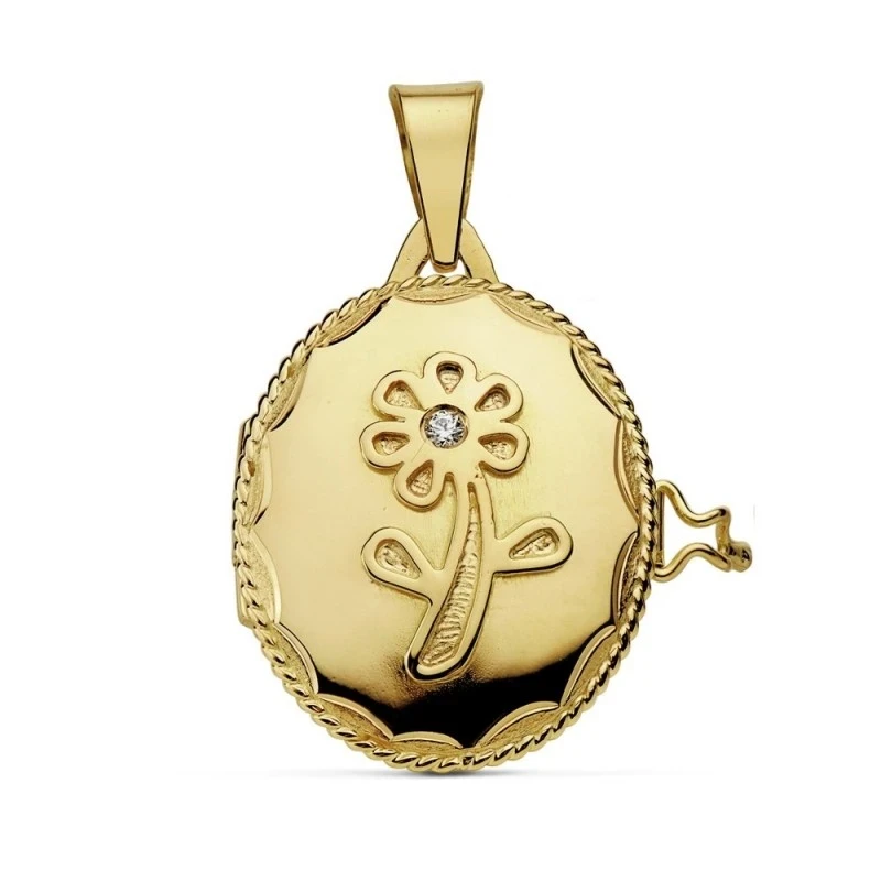 Colgante oro 18k portafotos 23mm. flor circonita [AA7275]