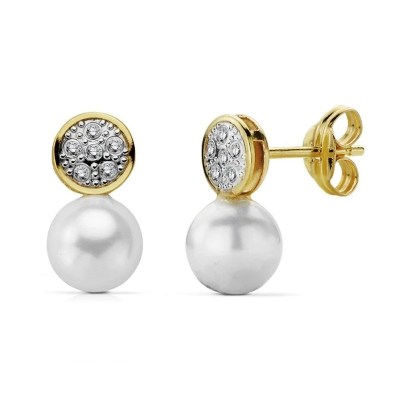 Pendientes oro 18k bicolor perla 12x6mm. circonitas [AA7321]