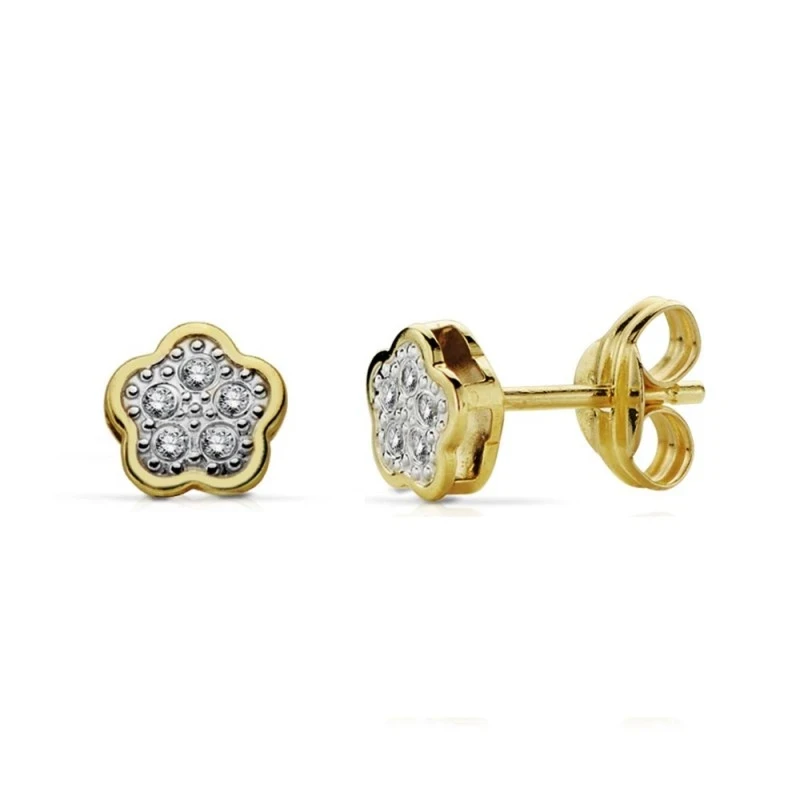 Pendientes oro 18k bicolor flor 5mm. circonitas [AA7322]