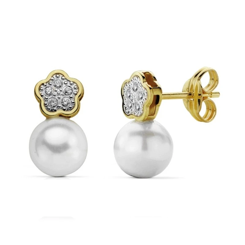 Pendientes oro 18k bicolor perla 12x6mm. circonitas [AA7324]