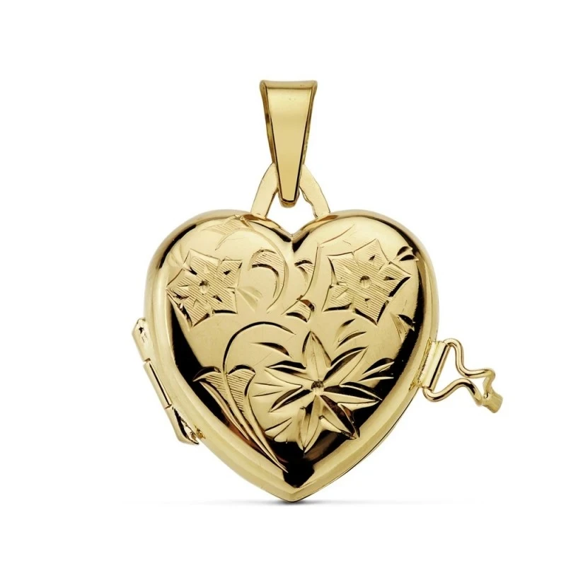 Colgante oro 18k portafotos corazón labrado 23mm. [AA7373]
