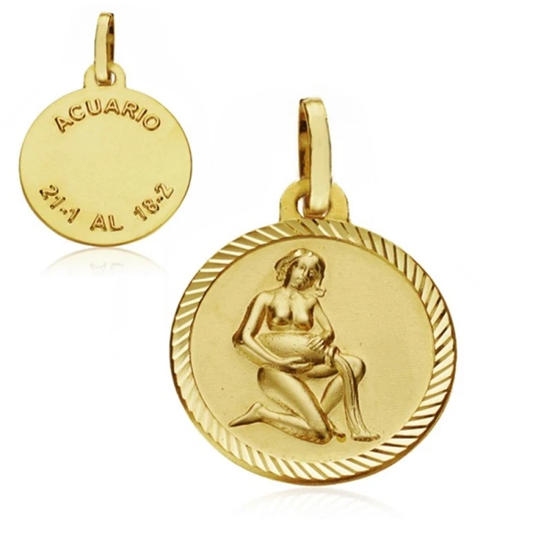 Medalla oro 18k horóscopo Acuario 16mm. signo zodiaco [AA7407GR]