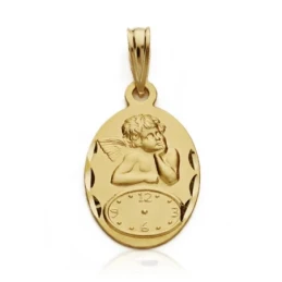 Medalla oro 18k Querubín reloj 19mm. bebé hora nacimiento [AA7422]